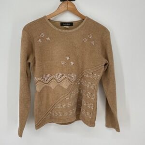 Vintage NATURAL Tan‎ Embellished Knit Sweater Unique Texture Size S Grandma core